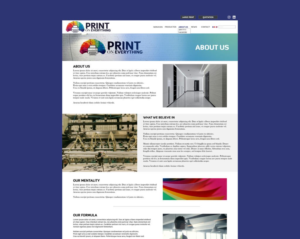 An altered version of a web design for a digital print company I made of the About Us section