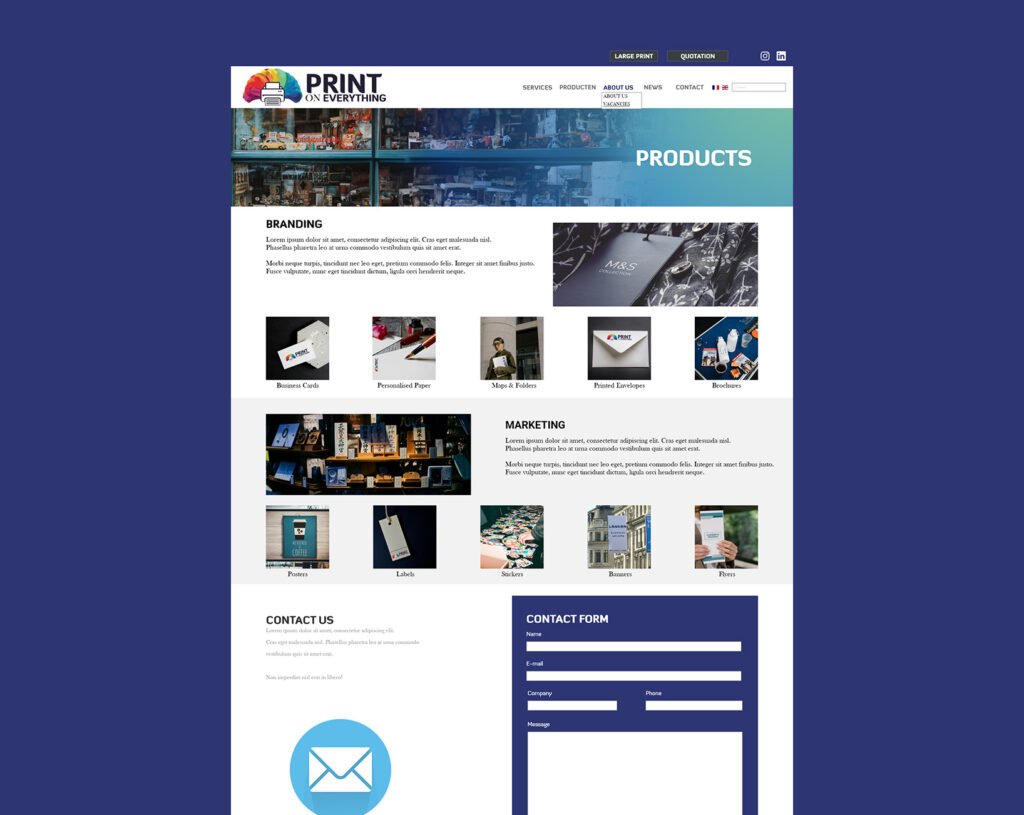 An altered version of a web design for a digital print company I made of the Products section